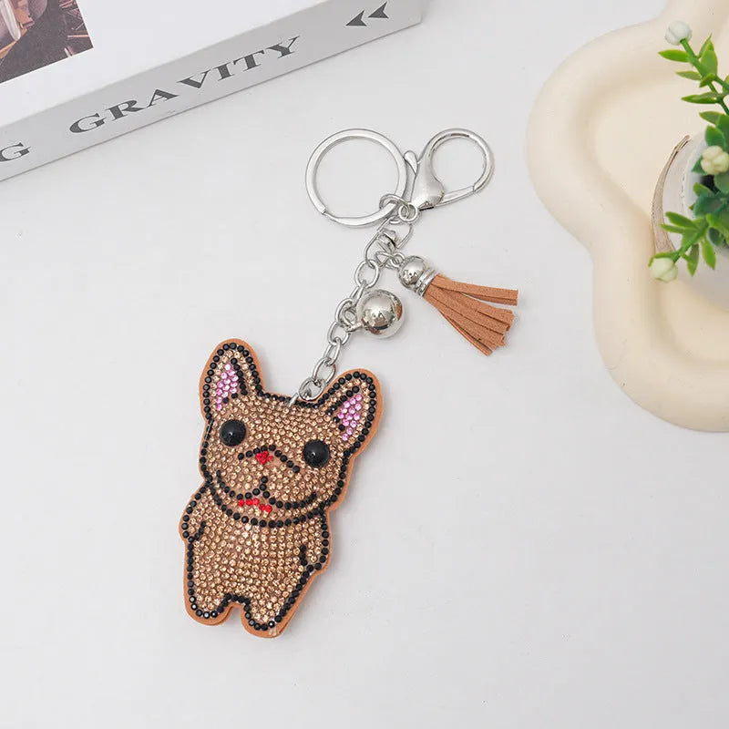 French dog cartoon rhinestone keychain pendant in alloy with tassel design