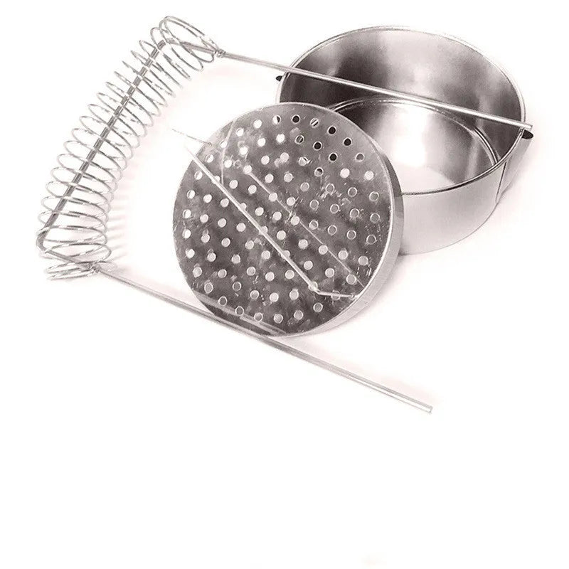 Silver stainless steel oil painting pen washer with spring clamp and removable drainage plugs.