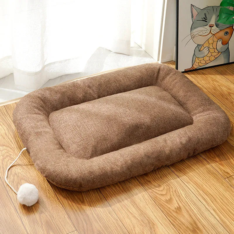 Brown Thai-style pet cooling mat shown inside a dog kennel with a small dog resting on it.