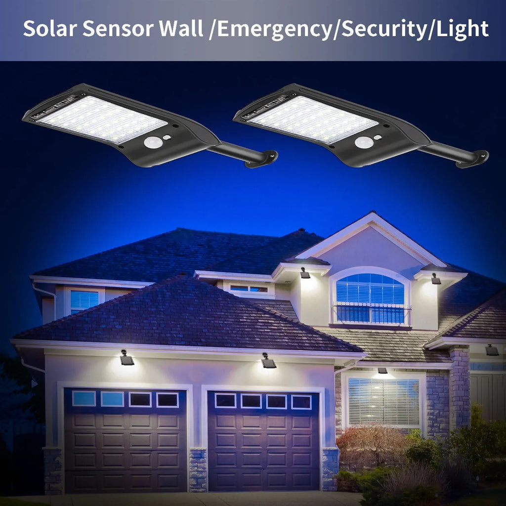 Black 36LED solar-powered wall light with a large sensor and a rotatable mounting pole.