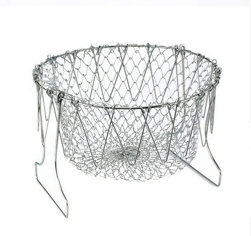Stainless steel foldable frying basket with square grid design and handle