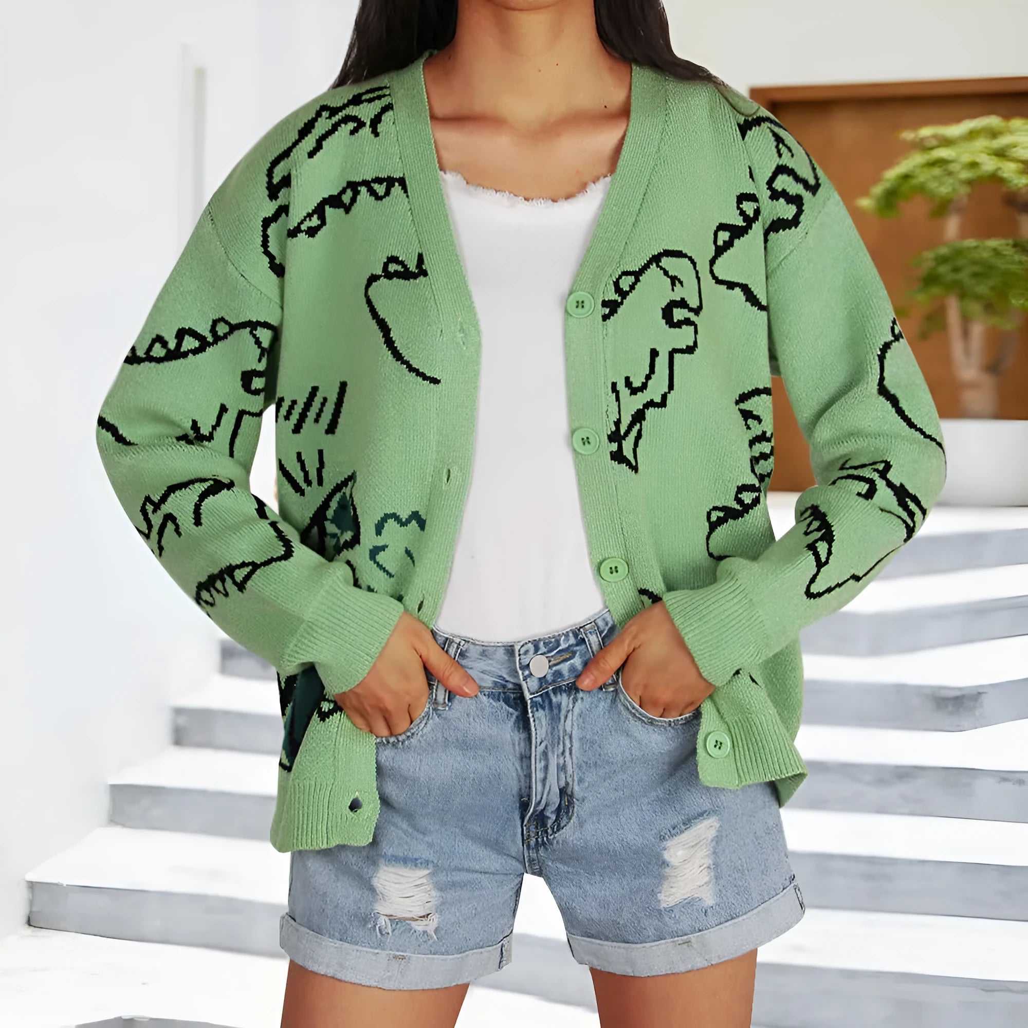New loose cartoon dinosaur knit sweater cardigan in green colour, acrylic fabric, front view