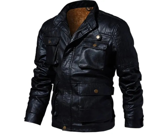 Men's PU leather jacket with plus velvet lining in khaki colour