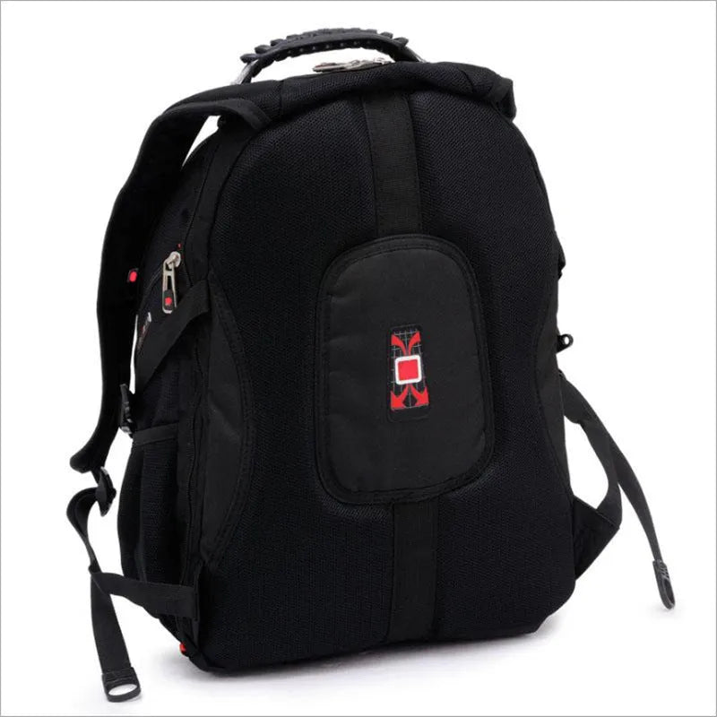 Black business computer backpack showing multiple compartments and organiser pockets.
