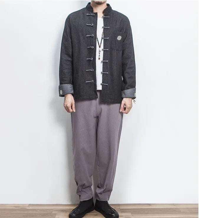 Retro Chinese style hanfu denim jacket top with stand collar and buckle decoration in black, loose fit, long sleeves