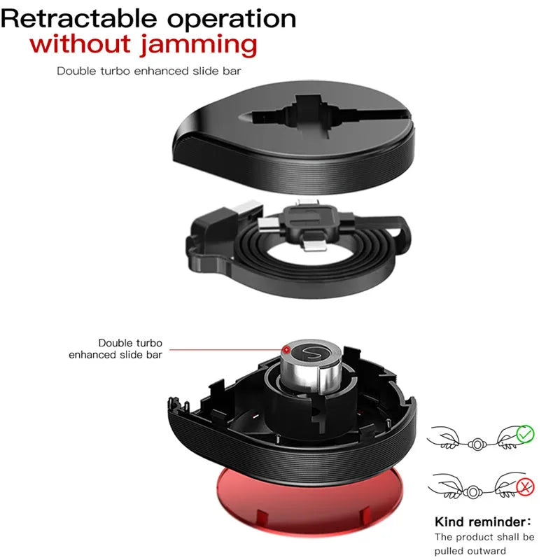 Telescopic three-in-one charging cable extended to show USB-C, Lightning and Micro-USB connectors