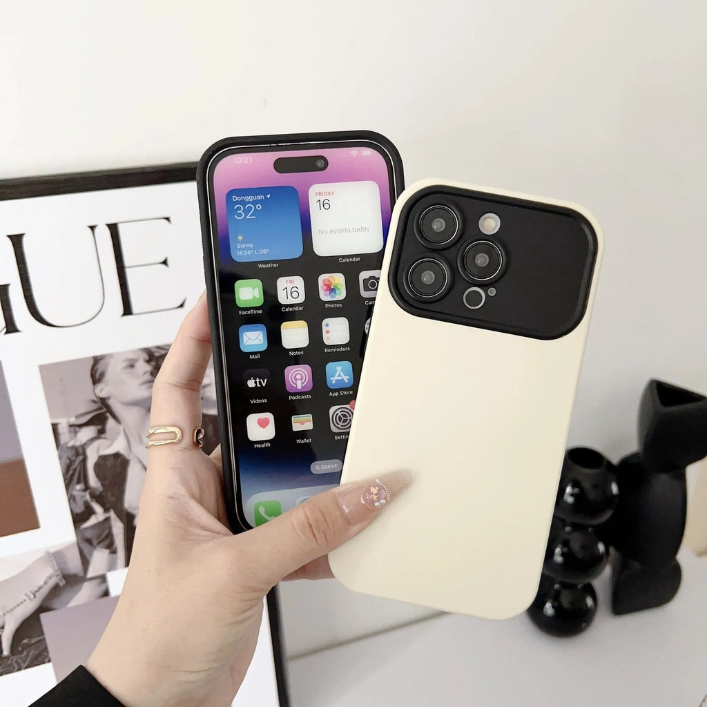 Simple contrast colour business large window TPU phone case for iPhone 11 to 16 Pro Max in white or black