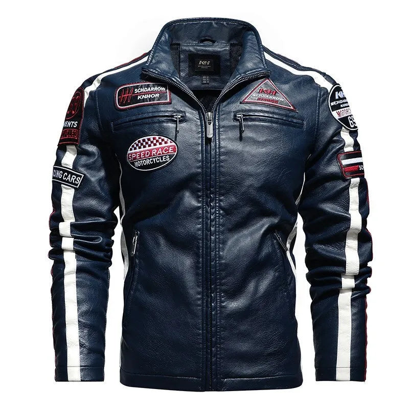 Men's black PU leather slim-fit embroidered jacket with stand-up collar and zipper front