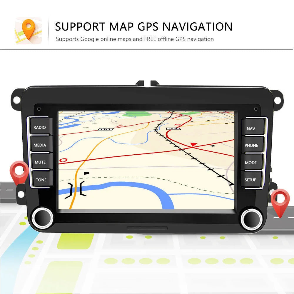 Volkswagen car dashboard with 7-inch Android touchscreen head unit showing navigation map.