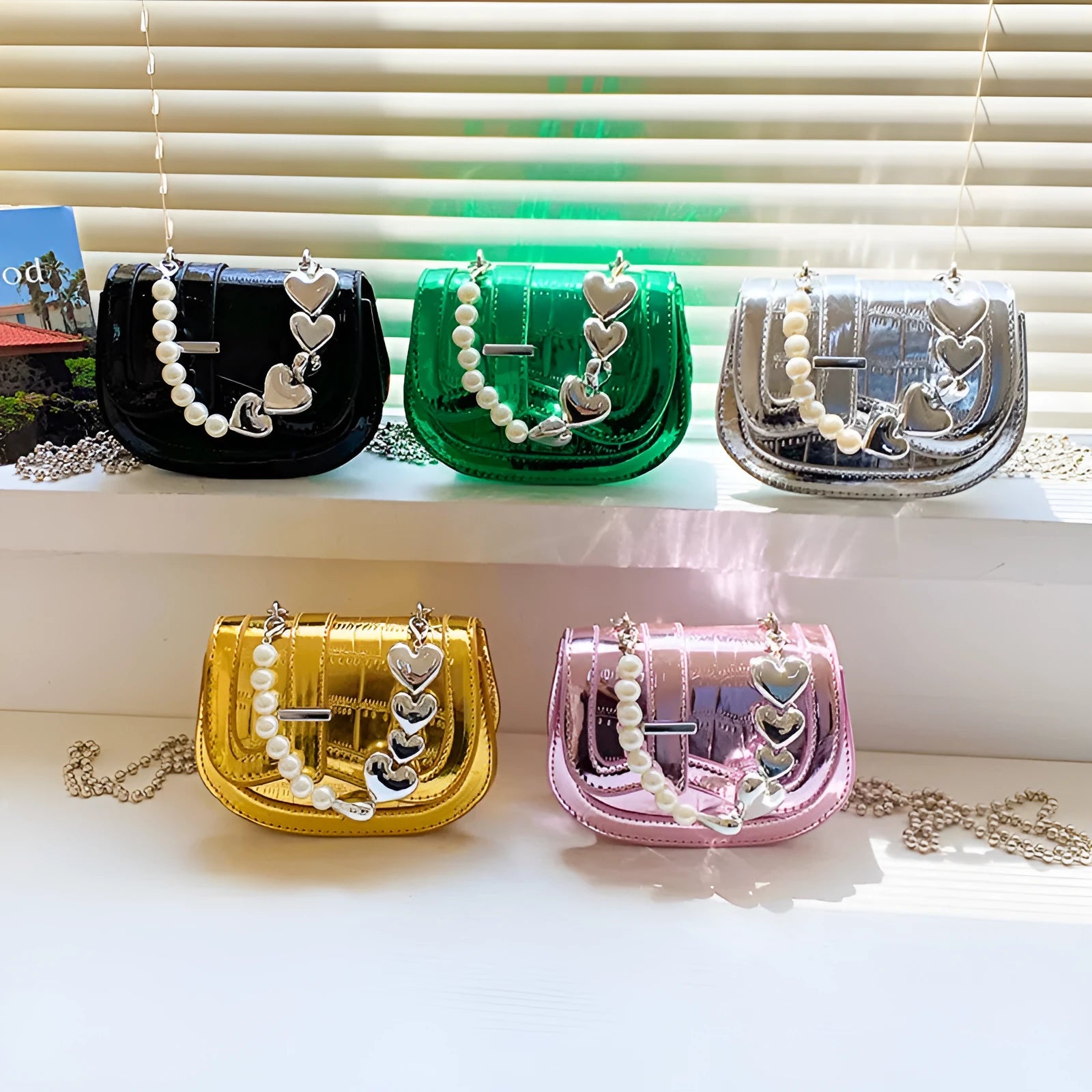 Women's laser pearl finish PU crossbody bag in horizontal square shape with single shoulder strap