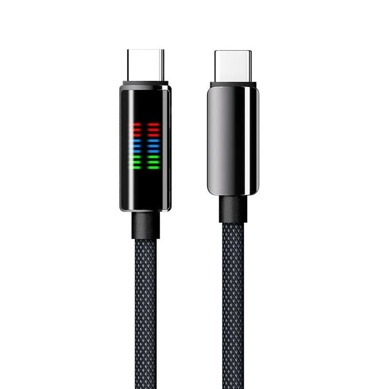 240W super fast charge Type-C woven cable with smart horse running light LED display in black, 1.2m length