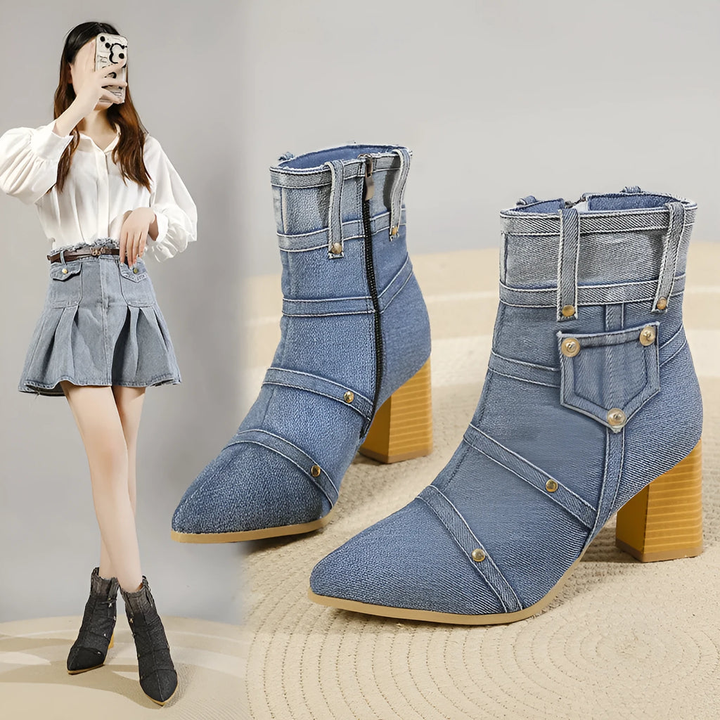 Women's denim pointed toe chunky heel Martin boots in black with artificial PU upper and rubber sole