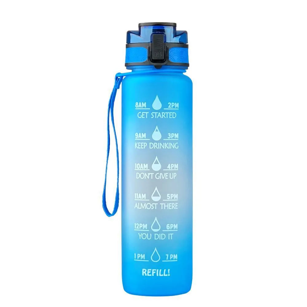 Clear transparent Tritan plastic sports water bottle with infuser, 1000ml capacity, on a plain background.