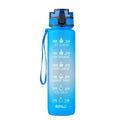 Clear transparent Tritan plastic sports water bottle with infuser, 1000ml capacity, on a plain background.