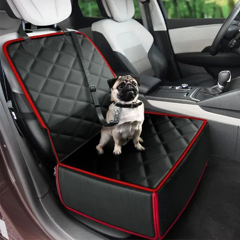 Black car pet pad for dogs on a front seat, showing its non-slip base and 42cm square size.