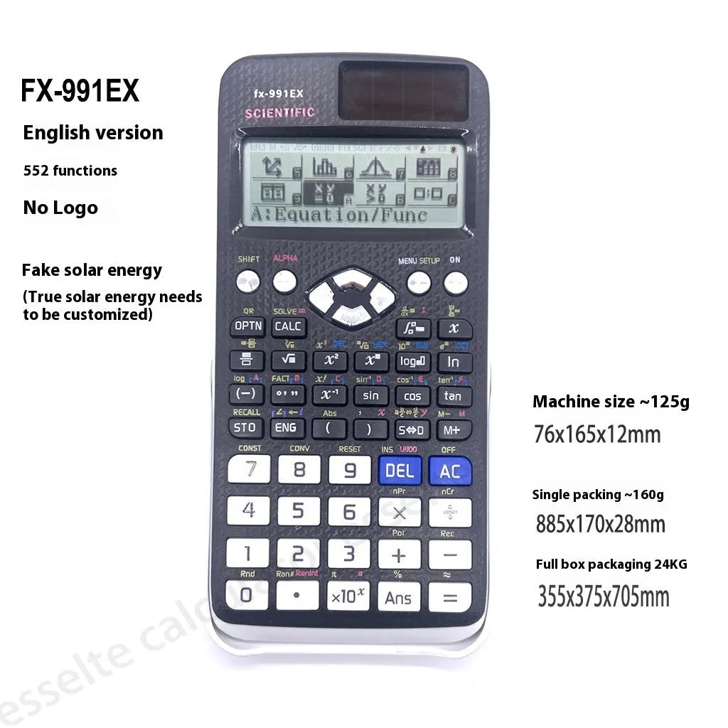 CASIO 991EX scientific calculator in black, blue, and pink colour options with solar panel