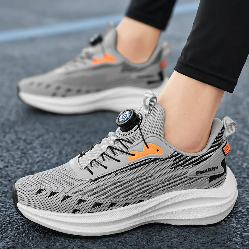 Men's white green rotating buckle fly-kit mesh sports shoes with TPU popcorn sole showing lace-up front and shallow opening design