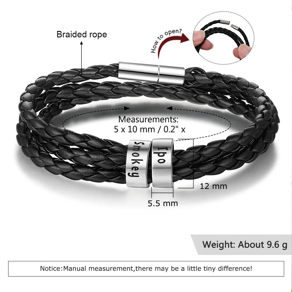 Personalised mens braided genuine leather bracelet in black with custom stainless steel name beads showing engraved names
