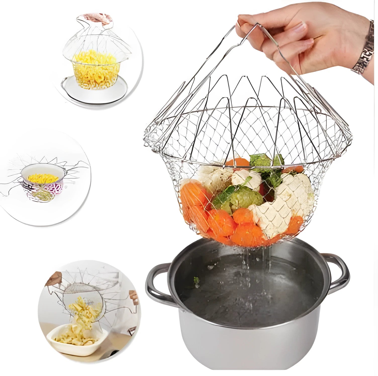 Stainless steel foldable frying basket with square grid design and handle