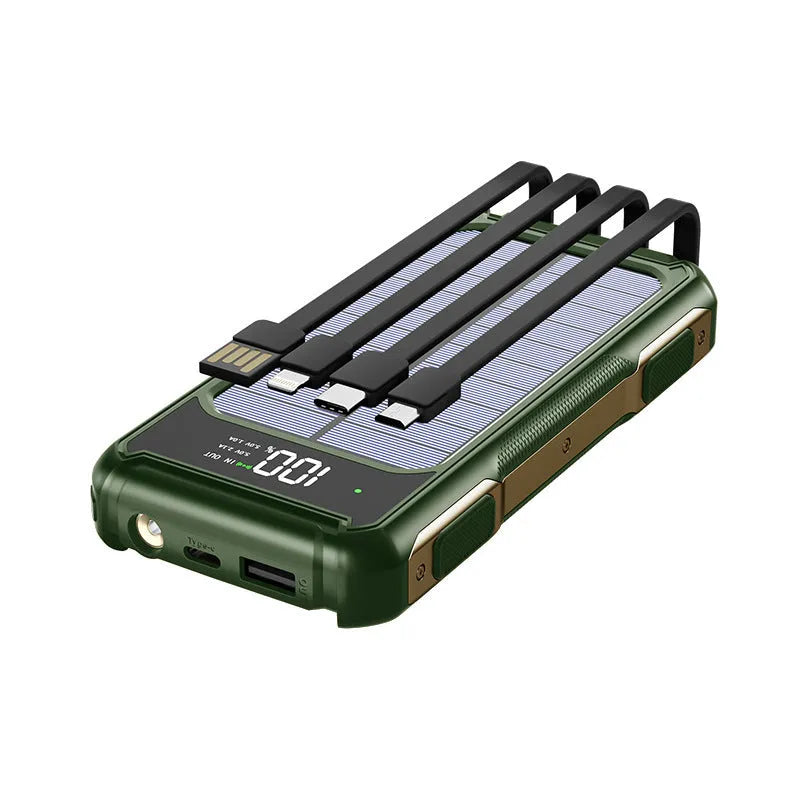 Black, green, and orange military grade mobile power bank showing front view with capacity options.