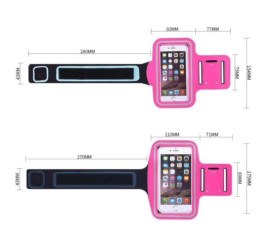 Waterproof running armband for iPhone 6, 7, 6s Plus and 7 Plus in neoprene with reflective material.