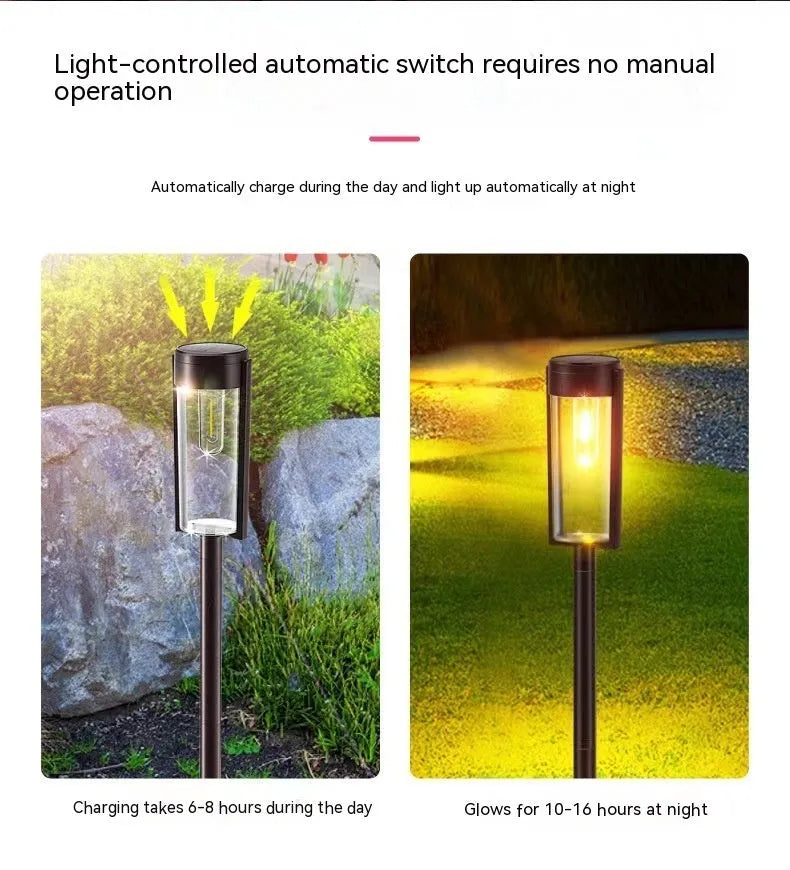 Solar lawn lamp with transparent tungsten wire, 3000K warm white, IP65 ABS body, floor or wall hanging garden light.