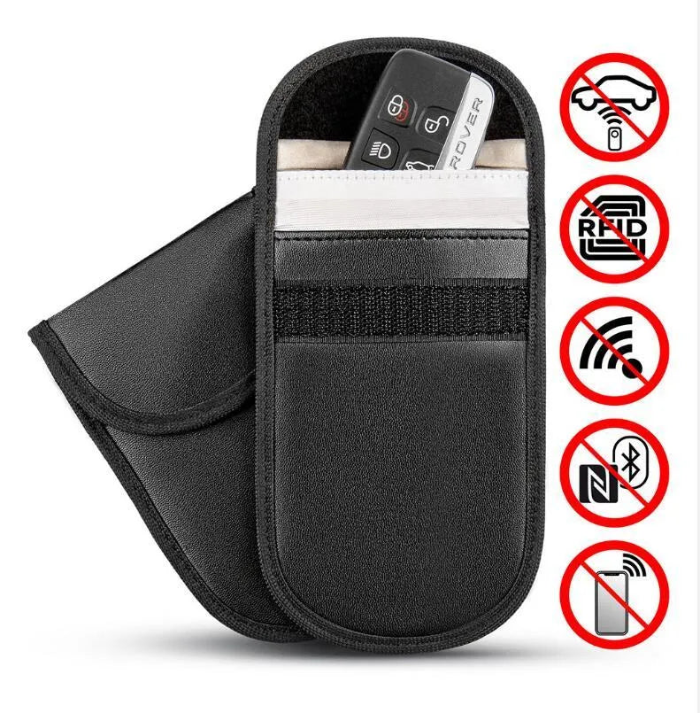 Black microfiber RFID shielding bag for car keys and credit cards, shown with dimensions.
