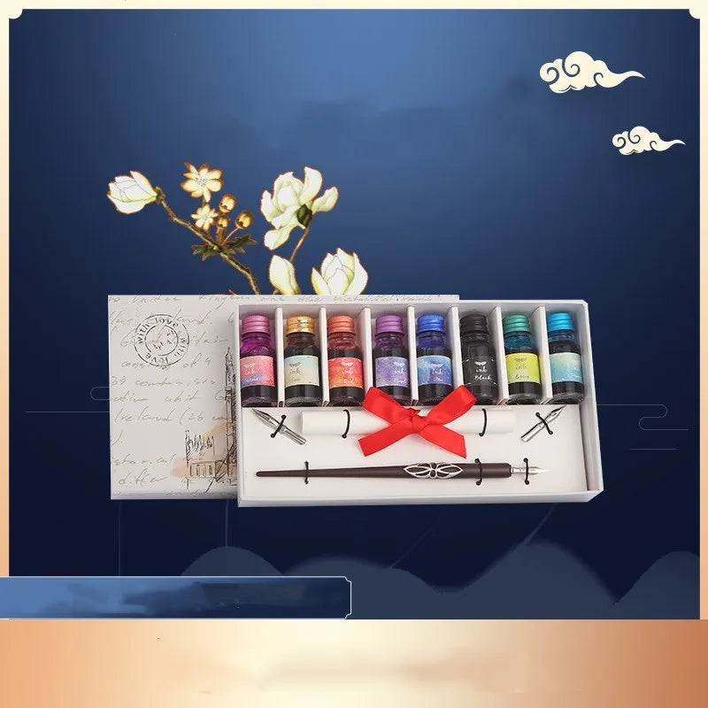Wooden dip pen calligraphy set with ink bottles in presentation case