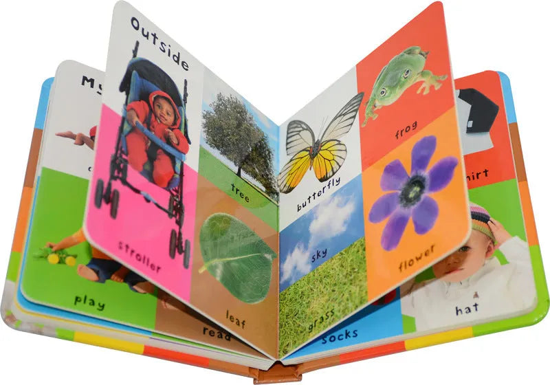 Red hardcover cardboard book for children with English vocabulary content