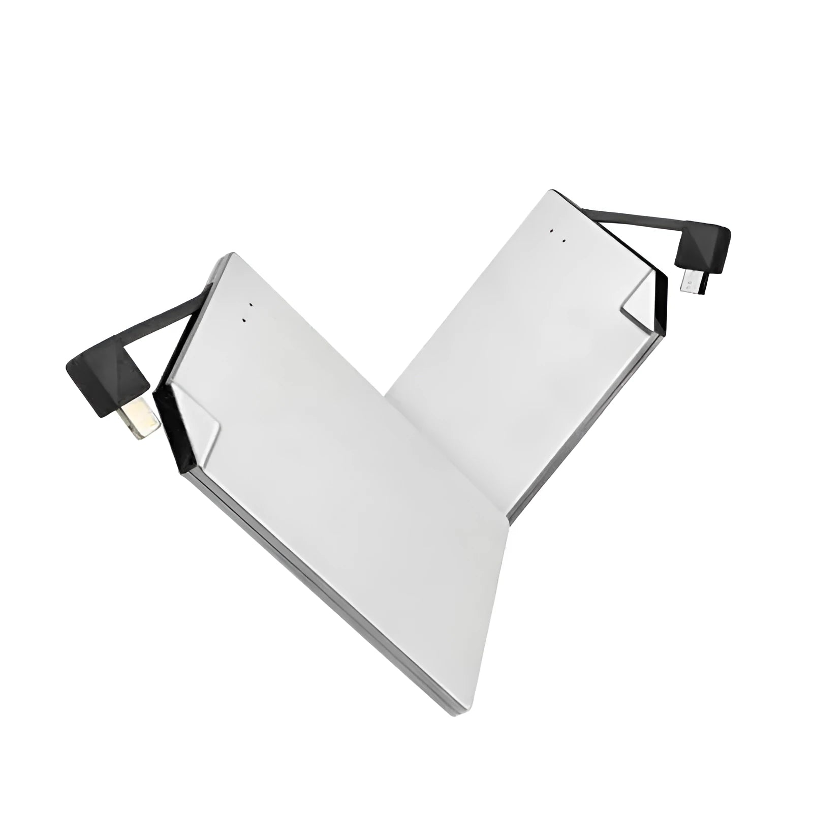 Silver slim graphene battery power bank showing side profile and dimensions.
