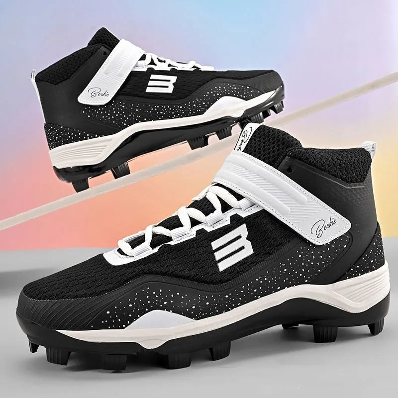 Black and white mid-top sports sneakers with Velcro straps and a textured rubber outsole.
