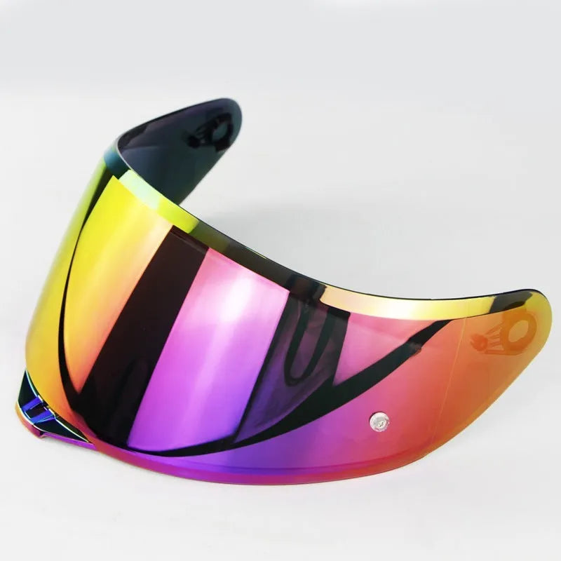 Motorcycle helmet lens with anti-fog film and buckle, one size, shown in multicolour options for replacement visor use