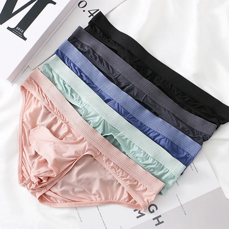 Men's low waist briefs underwear in Ice Silk fabric showing colour options and briefs cut.