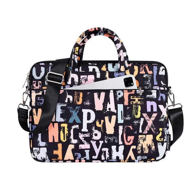 Black polyester laptop tablet bag with printed letter pattern, 13 inch size, waterproof anti-seismic unisex carrying case
