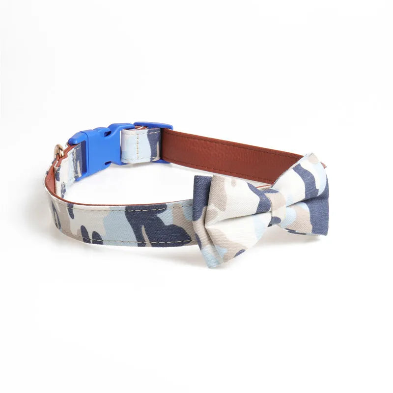 Adjustable bowknot traction dog collar in cotton and PU leather with lattice pattern on white background