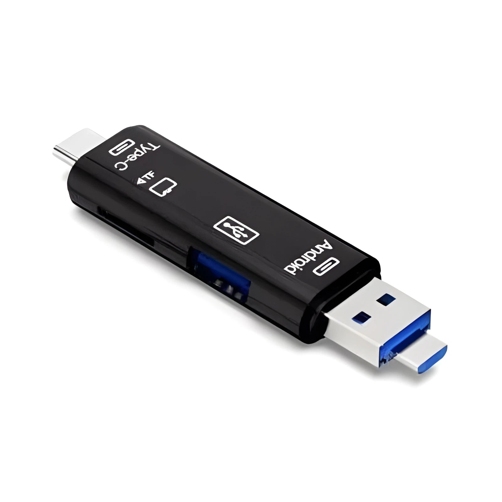 Black and white USB Type-C to Micro USB OTG hub adapter with TF card reader slot
