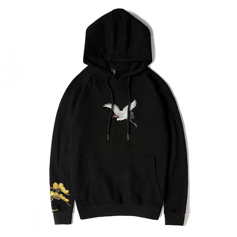 Fairy embroidered men's black cotton hooded sweatshirt loose fit Chinese style