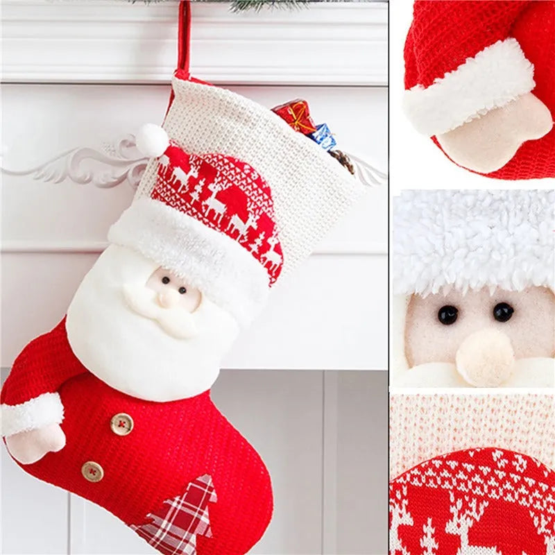 Large red and white knitted Christmas stocking with Santa Claus design hanging from fireplace