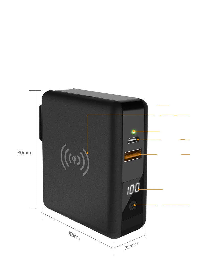 Black and white QI wireless power bank with foldable international plugs and 10000mAh capacity.