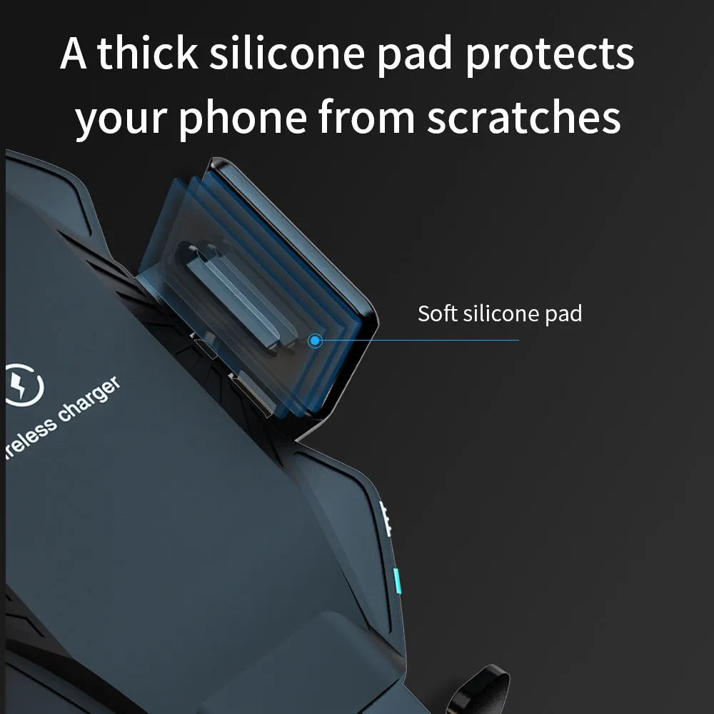 Auto-sensing car wireless charger in black or grey with choice of chuck or suction cup mount for dashboard or air vent.