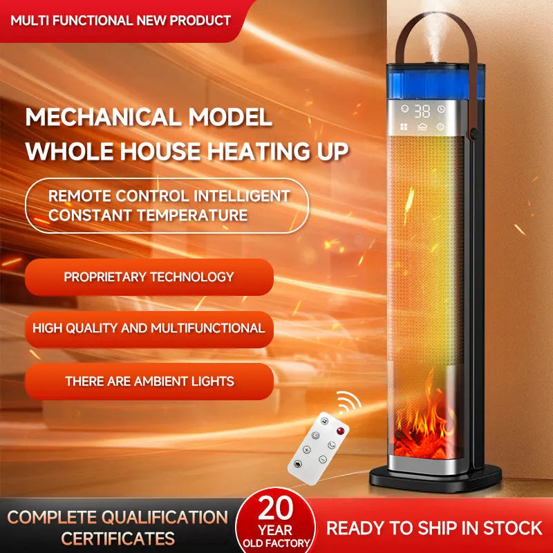 Intelligent vertical heater with humidification function, compact 52.6cm tall design with remote control