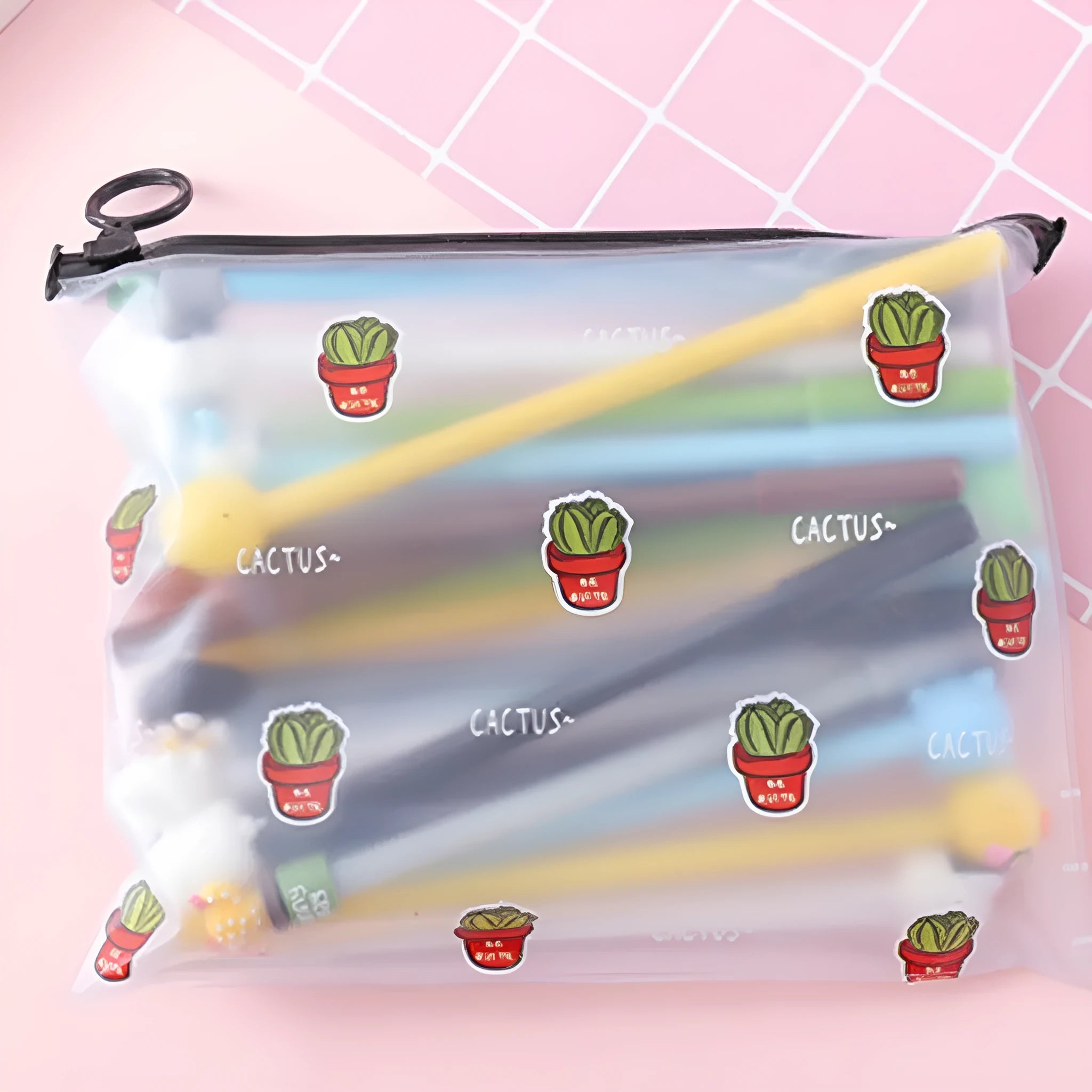 Marvel cartoon pen set showing 20 black 0.5mm ballpoint pens in cactus-themed plastic storage case