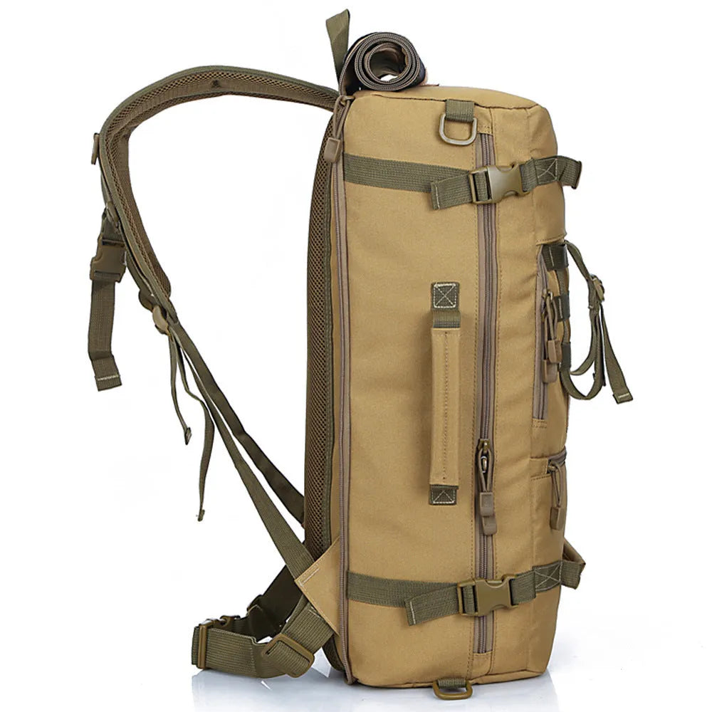 50-litre multi-function travel bag in black showing backpack and shoulder bag carrying options