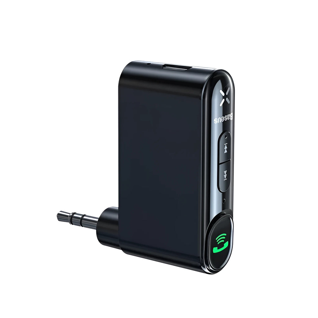 Black car Bluetooth receiver with 3.5mm plug and USB charging cable