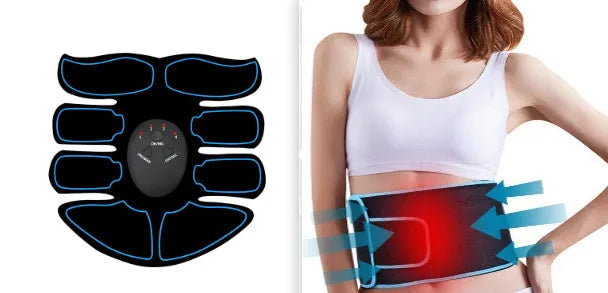 Abdominal muscle electrotherapy patch device with digital display, showing red, blue, and yellow edge colour options.