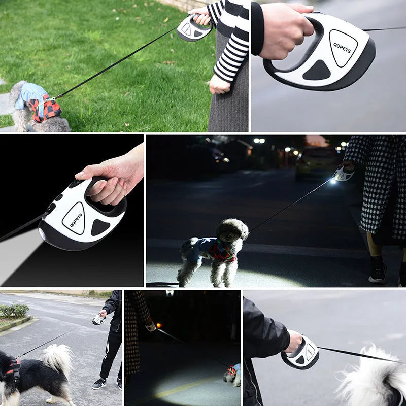Retractable dog leash with LED night safety light, anti-slip handle and 3m or 5m telescopic length