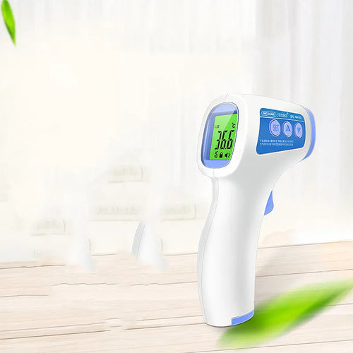 White RAK-FI03 non-contact infrared forehead thermometer with English interface and AAA battery compartment