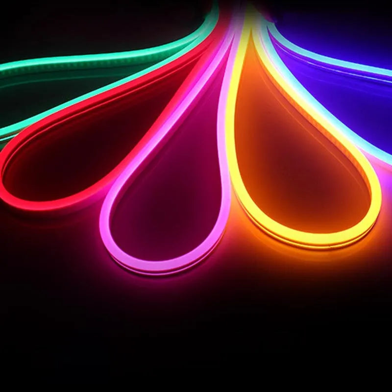 12V flexible silicone LED neon strip lighting on 100-metre reel showing five colour options