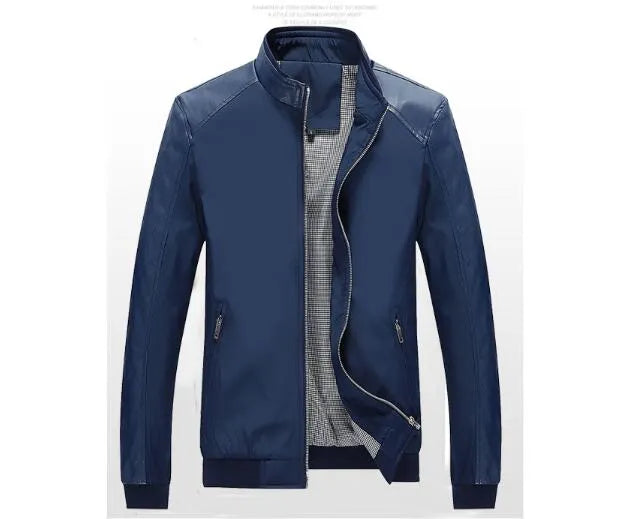 PU patchwork jacket in black, blue and wine red colour block design, sizes L to 5XL.