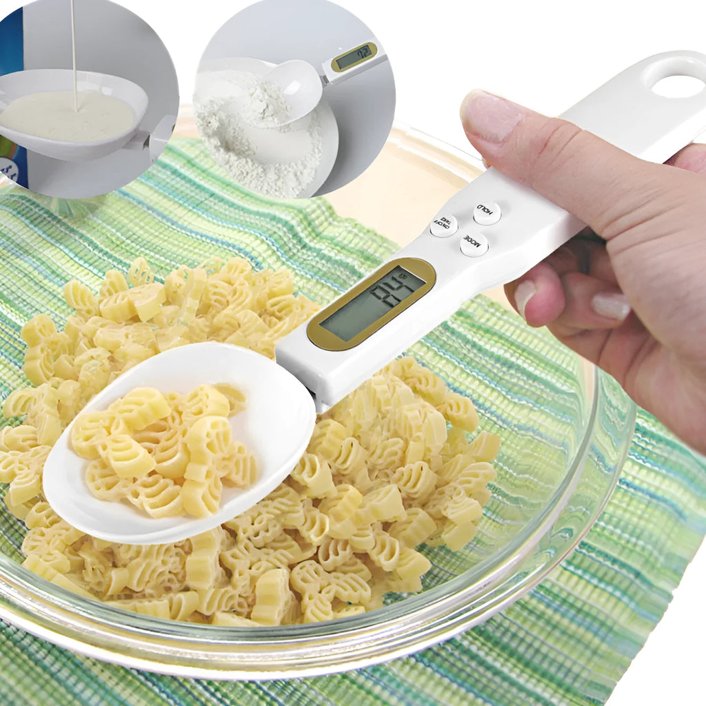 White digital spoon scale with LCD display showing weight measurement for kitchen use